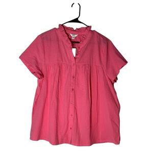 Crown & ivy Women’s Pink Ruffle Neck Button Up Short Sleeve Size 1X Blouse NWT